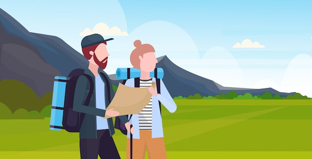 Vector pareja de excursionistas con mochilas con mapa de viaje hombre mujer planificación de la ruta senderismo concepto viajeros en caminata paisaje de fondo de montaña retrato horizontal plano