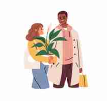 Vector una pareja de familia camina después de comprar y lleva bolsas de plantas en maceta. un hombre y una mujer felices van a comprar una planta de interior. una esposa y un marido con compras. ilustración vectorial plana aislada sobre un fondo blanco.