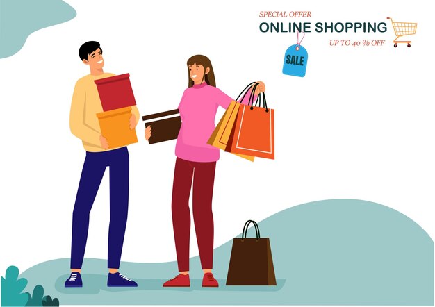 Pareja de familia feliz con compras Hombre y mujer con bolsas Gran venta Ilustración vectorial de un piso