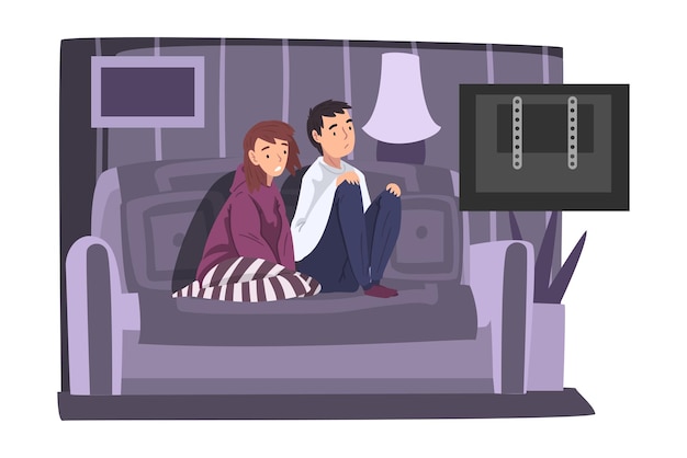 Vector pareja de familia molesta sentada en el sofá y viendo la televisión joven y mujer pasando tiempo juntos en casa ilustración vectorial