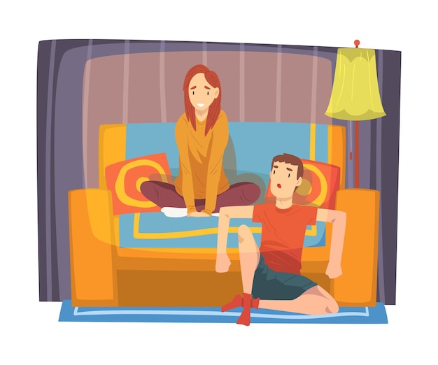 Una pareja familiar aburrida sentada en un cómodo sofá en la sala de estar personajes masculinos y femeninos divertidos pasando tiempo juntos quedándose en casa Ilustración vectorial