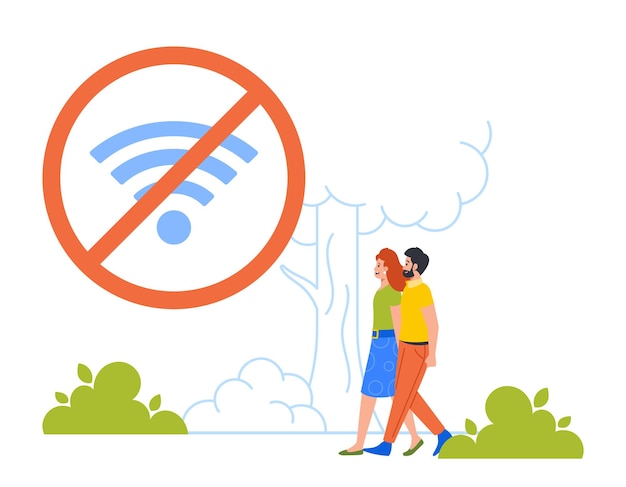 Pareja familiar caminando en el descanso del parque sin dispositivos digitales No hay señal de WiFi Personas de dibujos animados Vector Ilustración