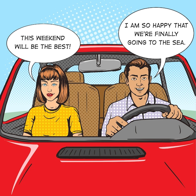 Pareja familiar en vector de estilo de arte pop de coche