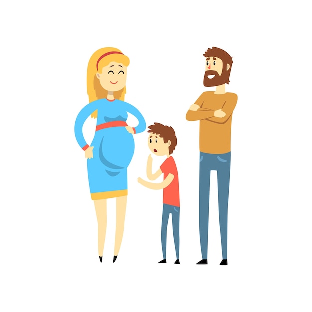 Una pareja de familias embarazadas y su hijo una familia feliz esperando un bebé vector de dibujos animados Ilustración aislada sobre un fondo blanco