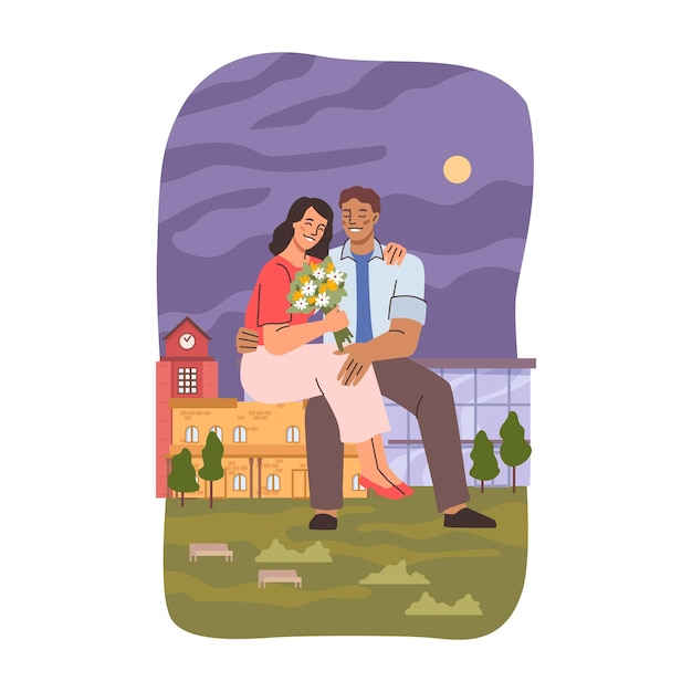 Pareja feliz en la cita de la noche vida urbana gigante