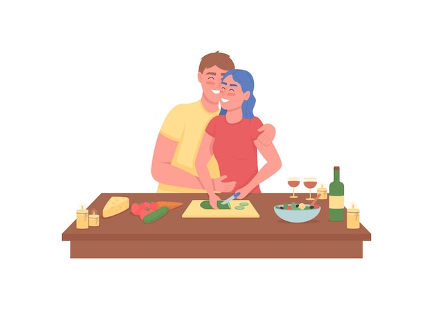 Vector pareja feliz cocinando cena romántica plana
