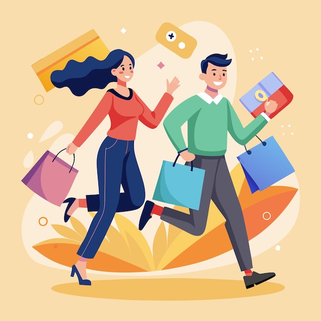 Una pareja feliz de compras con bolsas disfrutando juntos de la terapia minorista