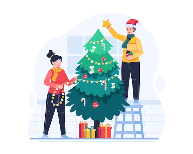 Vector una pareja feliz decora un árbol de navidad juntos la gente se prepara para la navidad