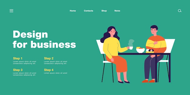 Pareja feliz desayunando juntos. Novio y novia charlando en la mesa en la ilustración de vector plano de cocina. Romance, concepto de relación para banner, diseño de sitio web o página web de inicio