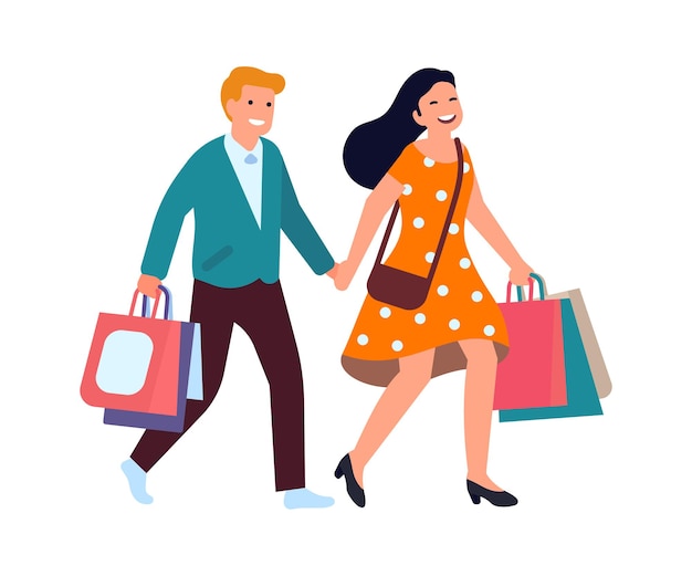 Pareja feliz después de hacer compras. hombre y mujer caminando con compras en bolsas de papel. ilustración vectorial