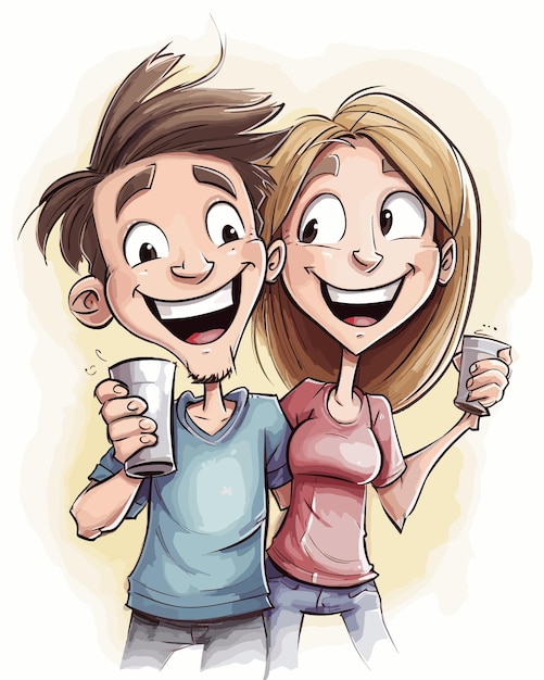 Vector una pareja feliz de dibujos animados con bebidas