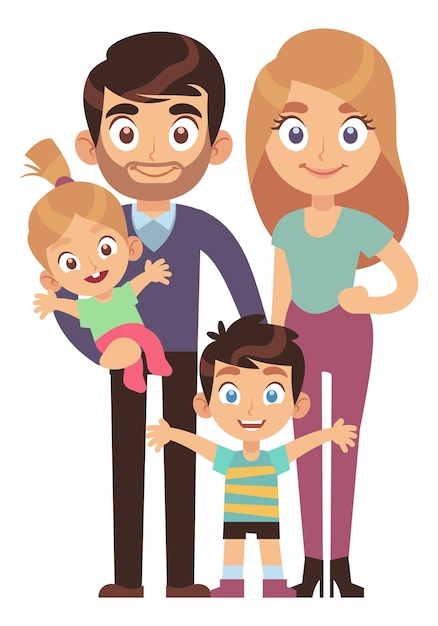 Pareja feliz con dos hijos. Personajes familiares sonrientes aislados sobre fondo blanco