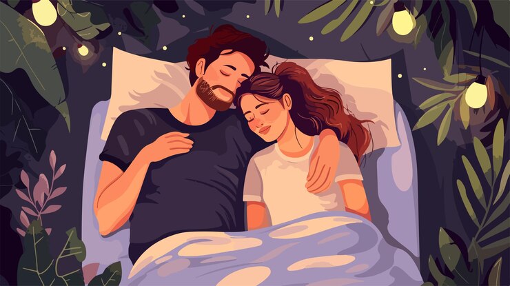 Vector una pareja feliz durmiendo juntos en una cama ilustración plana vectorial