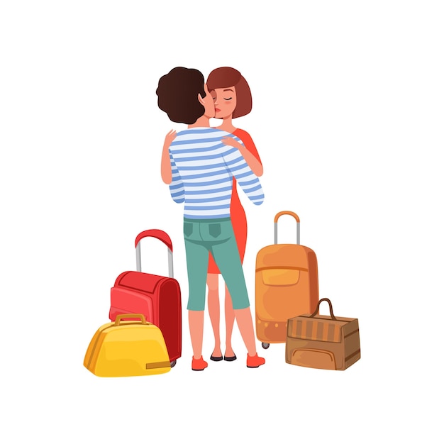 Vector pareja feliz enamorada con bolsas de viaje hombre y mujer abrazándose personas que viajan juntas durante las vacaciones de verano vector ilustración aislada sobre un fondo blanco