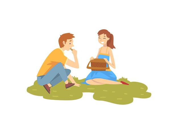 Una pareja feliz y enamorada descansando en la hierba Un joven y una mujer haciendo picnic en el parque Actividades al aire libre de verano Ilustración vectorial sobre fondo blanco