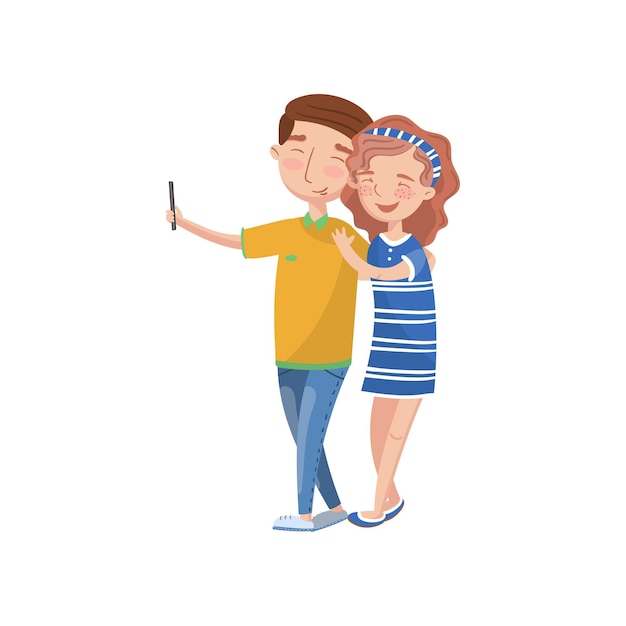 Pareja feliz enamorada haciendo vector de dibujos animados de foto selfie ilustración sobre un fondo blanco