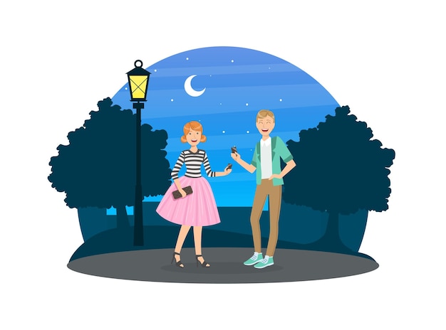Pareja feliz y enamorada teniendo una cita nocturna en la naturaleza Mujeres y hombres jóvenes en ropa de moda Ilustración vectorial