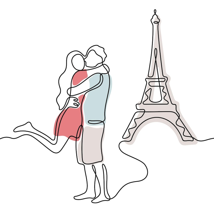 Vector pareja feliz frente a la torre eiffel línea continua ilustración vectorial colorida