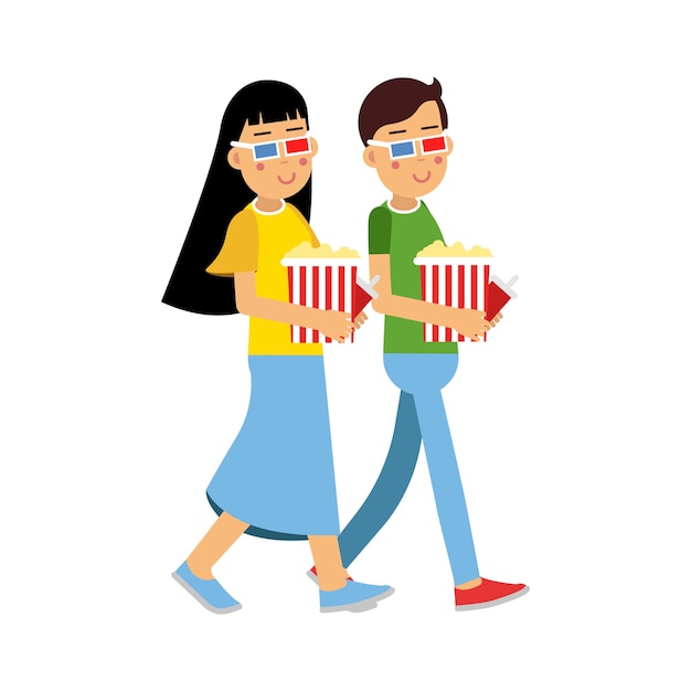 Pareja feliz en gafas 3d con palomitas de maíz yendo al vector de cine ilustración sobre un fondo blanco
