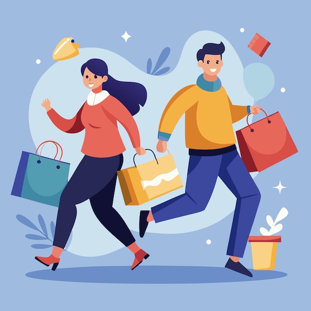 Una pareja feliz hace compras con bolsas y alegría