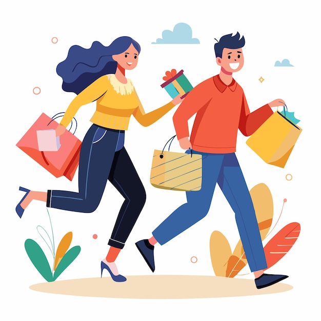 Una pareja feliz haciendo compras, bolsas de regalos, sonrisas.