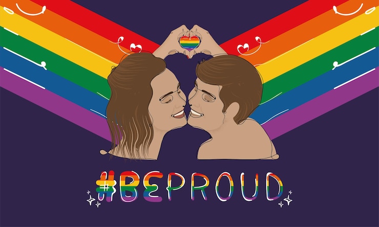 Vector pareja feliz haciendo una forma de corazón con las manos lgbt pride vector ilustración