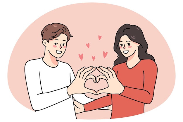 Pareja feliz mostrar gesto de mano de corazón