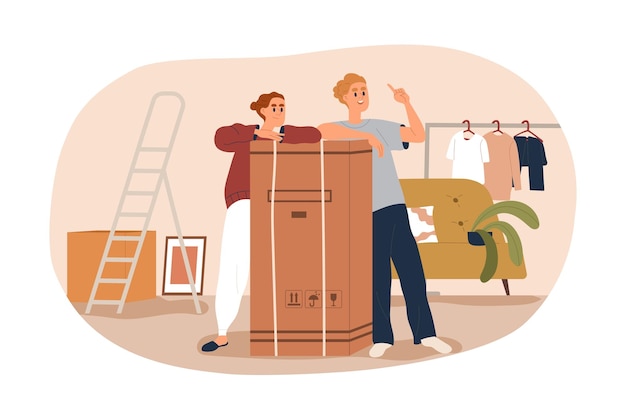 Pareja feliz mudándose a una nueva casa Familia durante el traslado a la casa Hombre y mujer con propiedad de caja de cartón en el apartamento después de la reubicación Ilustración vectorial plana aislada sobre fondo blanco