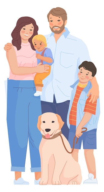 Vector pareja feliz con niños y perro familia sonriente juntos