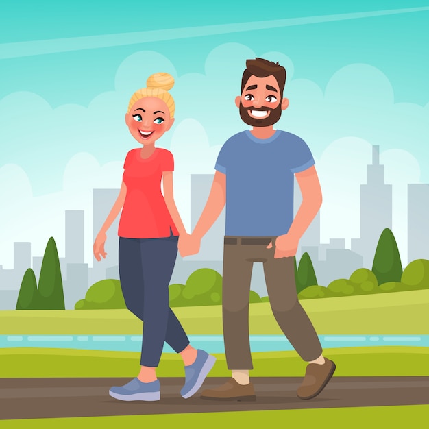 Vector pareja feliz en un parque de la ciudad. hombre y mujer tomados de la mano caminando al aire libre. ilustración de vector en estilo de dibujos animados