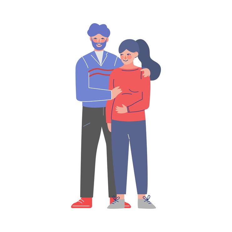 Vector una pareja feliz que espera un bebé un joven abrazando a su sonriente esposa embarazada ilustración vectorial
