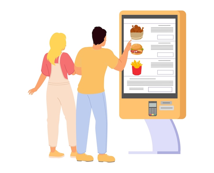 Vector una pareja feliz usando una ilustración vectorial de un quiosco de comida rápida de autoservicio aislada en un fondo blanco