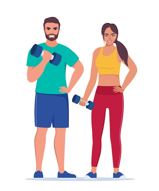 Vector pareja de fitness hombre y mujer vestidos con ropa deportiva están haciendo ejercicios con pesas