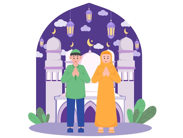 Una pareja frente a una mezquita con la luna detrás de ellos ilustración de ramadán