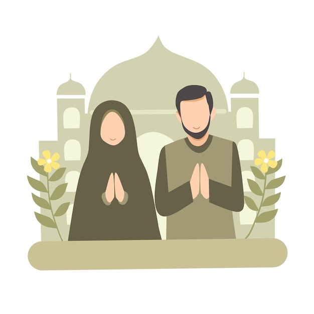 Vector una pareja frente a una mezquita con una mezquita al fondo.