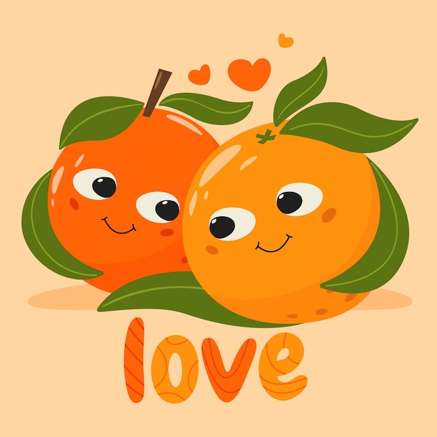 Pareja de frutas naranja enamorada con corazón y amor de texto Caracteres de frutas con caras