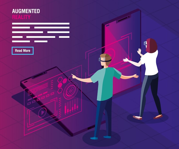 Pareja con gafas de realidad aumentada y teléfonos inteligentes