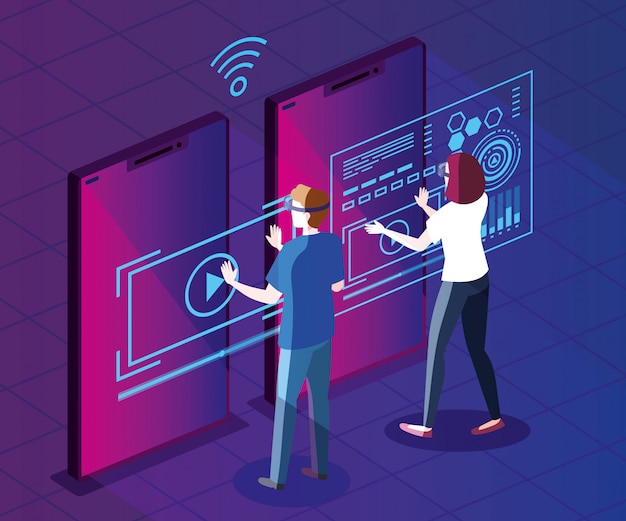 Pareja con gafas de realidad aumentada y teléfonos inteligentes