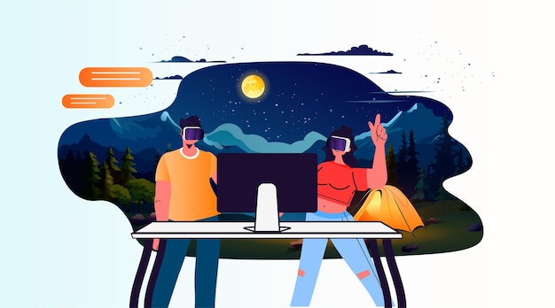 Pareja en gafas vr cerca de la zona de acampada de la tienda camping nocturno concepto de tecnología de realidad virtual de vacaciones de verano