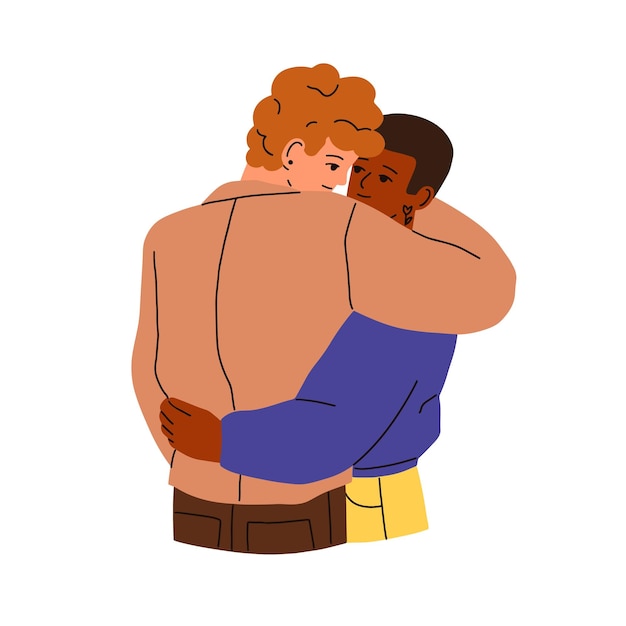 Una pareja gay abrazándose. Hombres LGBT interraciales en una relación romántica. Personas homosexuales enamoradas del mismo sexo. Valentines masculinos, novios abrazándose. Ilustración vectorial plana aislada sobre fondo blanco.