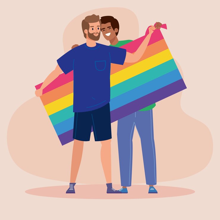 Vector pareja gay interracial con bandera