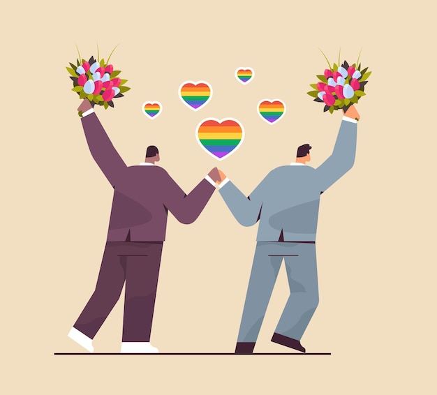 Vector pareja gay de recién casados con flores parados juntos amor transgénero celebración de bodas en la comunidad lgbt