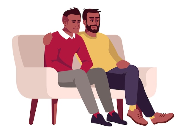 Pareja gay sentada en un sofá semi plano RGB color vector ilustración