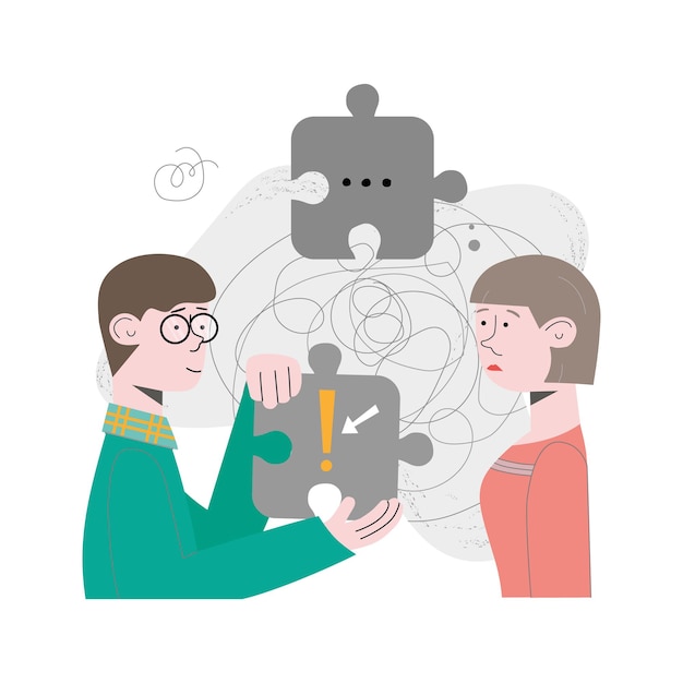 Pareja, gente, equipo están resolviendo problemas, buscando solución a la tarea. Ilustración de vector de concepto con rompecabezas, rompecabezas