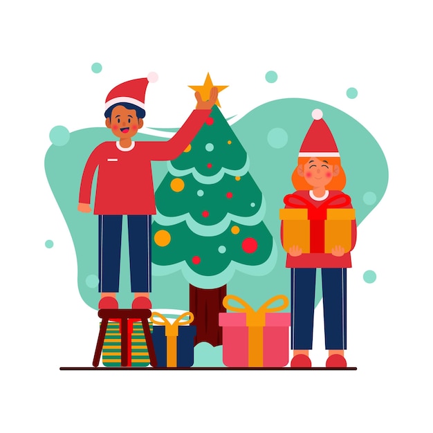 Pareja con gorros de Papá Noel decorando el árbol de Navidad Feliz Navidad y Próspero Año Nuevo ilustración vectorial