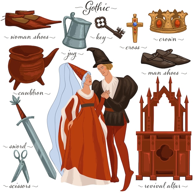 Vector pareja gótica de cultura medieval con ropa tradicional pareja aislada de hombre y mujer caldero y llave de corona y zapatos tijeras y trono de madera de altar de renacimiento de espada vector en estilo plano