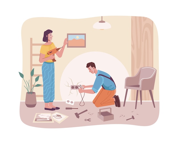 Pareja haciendo trabajos de reparación en el interior de la habitación de casa