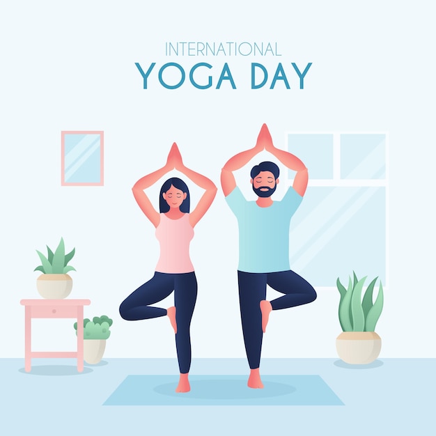 Pareja haciendo yoga para el día internacional del yoga 21 de junio día mundial del yoga