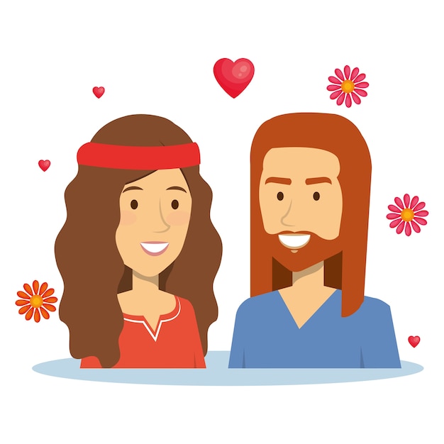 Pareja hippie con corazones y flores