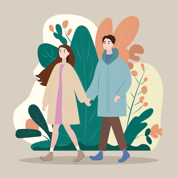 Vector pareja de hombre y mujer caminando en el parque, tomados de la mano.